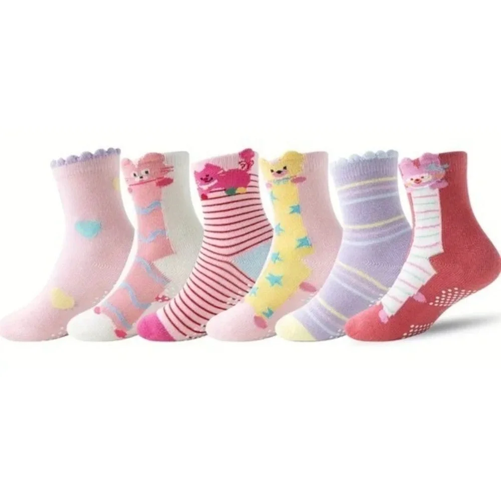 Girls Grip Anti-slip Animal Socks 5-8YO Pink Whimsical Funny Critter Pack Cotton